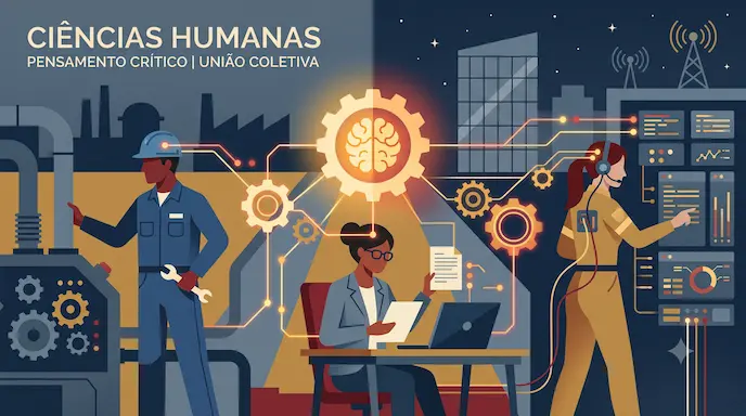Ilustração digital em flat design simbolizando a união de trabalhadores e o despertar da consciência de classe na teoria de Karl Marx.