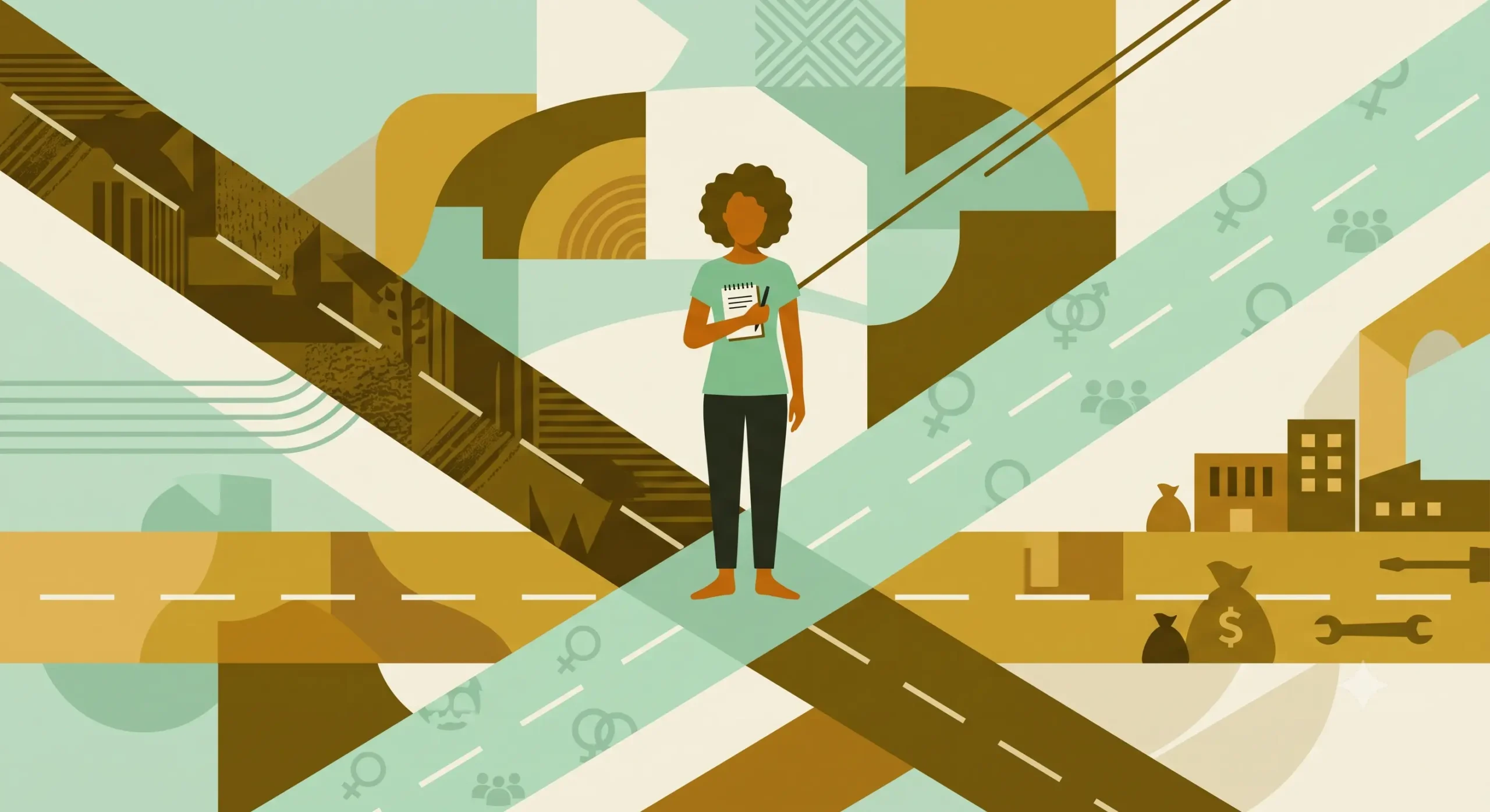 O que é interseccionalidade: ilustração de mulher no cruzamento de raça, gênero e classe social