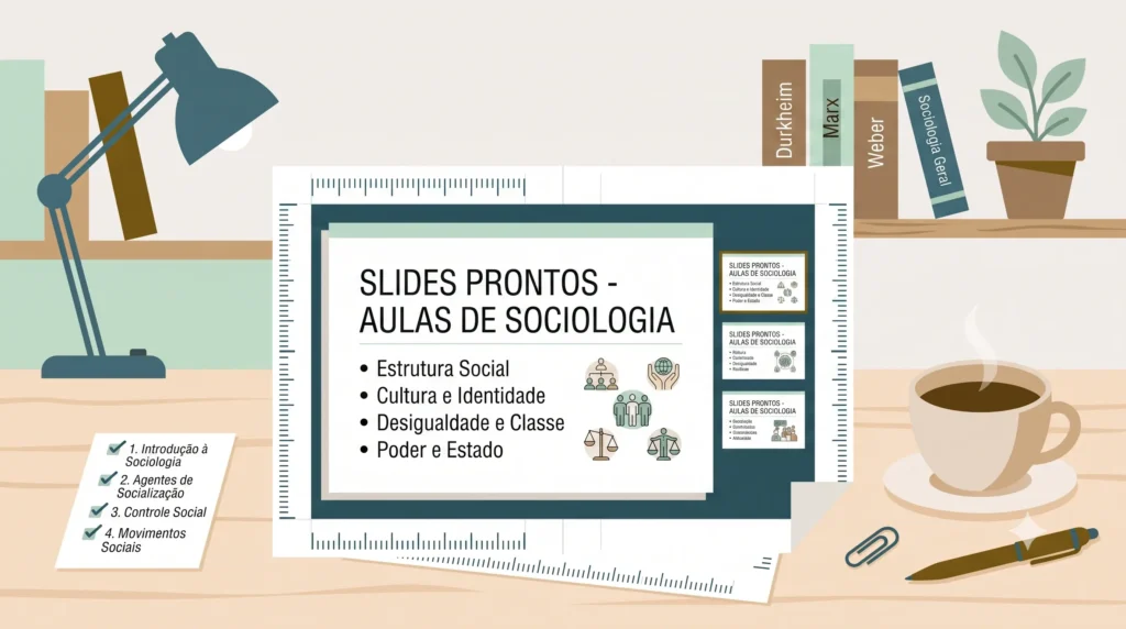 Professor organizando slides prontos para aula de Sociologia