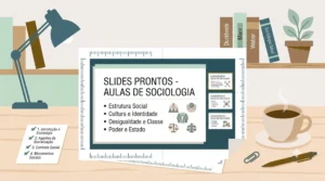 Professor organizando slides prontos para aula de Sociologia