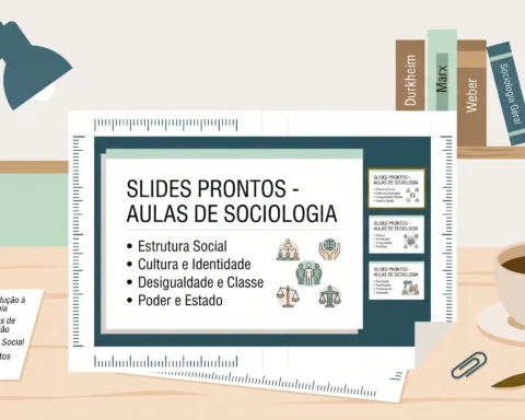Professor organizando slides prontos para aula de Sociologia