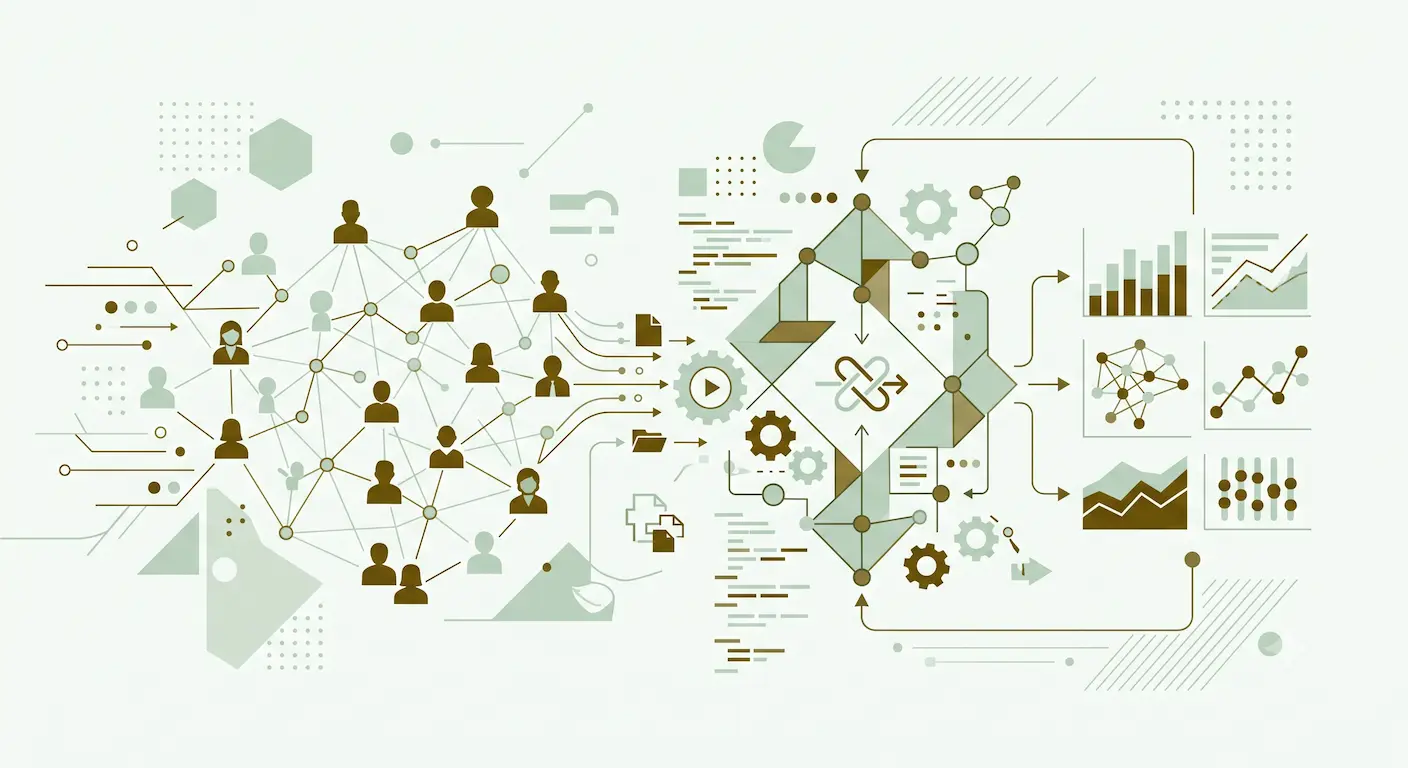 Algoritmos e sociedade: ilustração de rede digital conectada a uma silhueta humana
