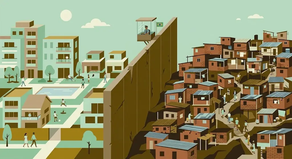 Ilustração flat design de cidade dividida por um muro alto, com prédios luxuosos de um lado e casas simples do outro, representando o apartheid social