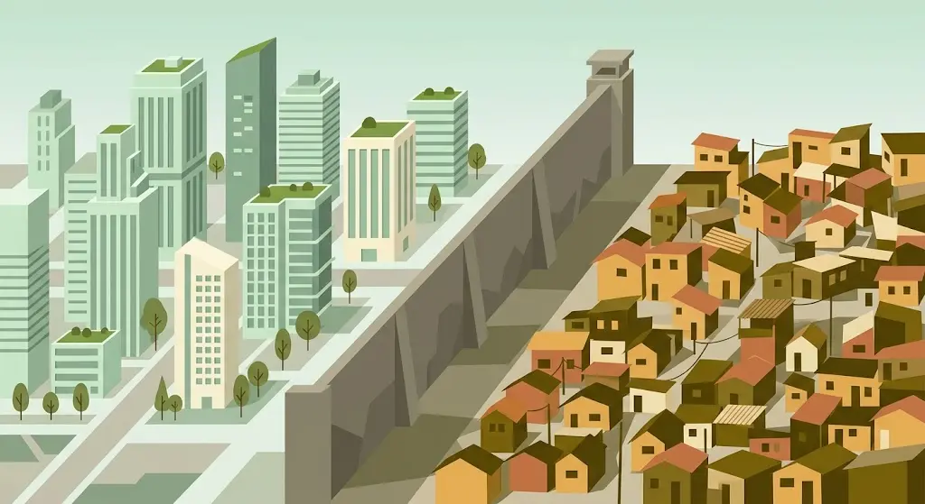Apartheid social: muro alto dividindo condomínio fechado de área periférica, representando a segregação urbana no Brasil