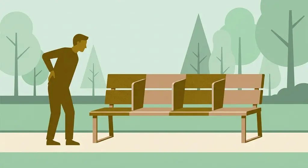 Ilustração flat design de banco público com divisórias de metal impedindo pessoas de deitar, representando a arquitetura hostil