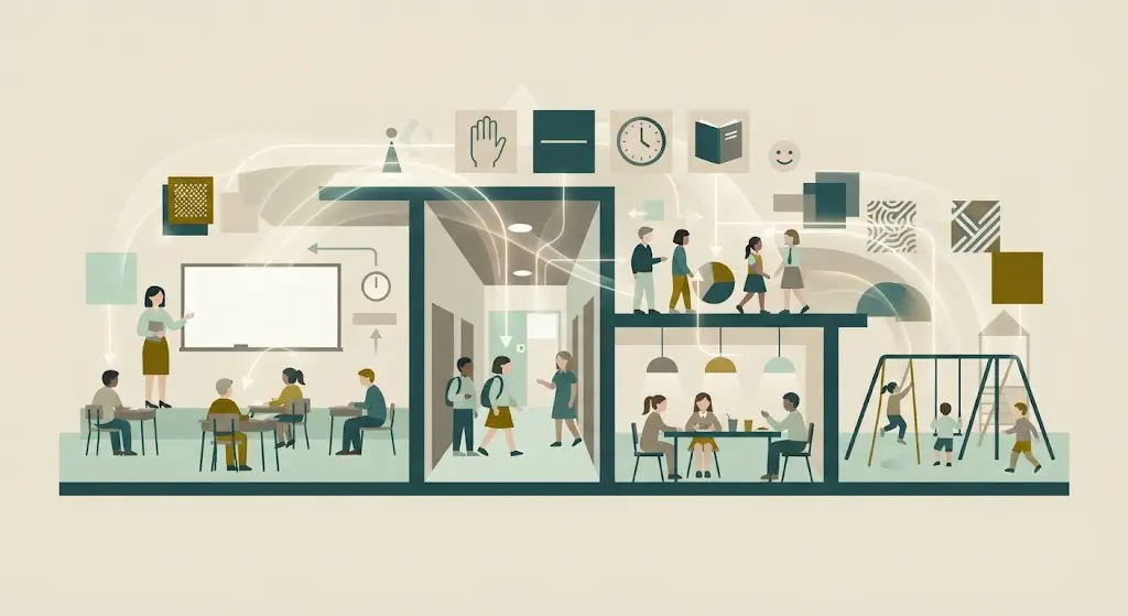 Currículo oculto na sala de aula: ilustração flat design com alunos, professor e regras invisíveis