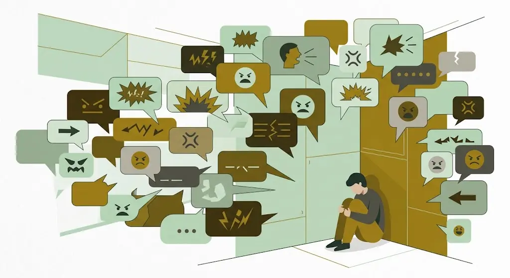 Cyberbullying: O Que É, Lei 14.811/2024 e Como Agir 2 Ilustração flat design de pessoa isolada em um canto enquanto balões de mensagens hostis se multiplicam ao redor, representando o cyberbullying