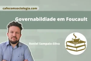 Governamentalidade: mãos estilizadas guiando engrenagens e pessoas, representando a arte de governar condutas segundo Foucault