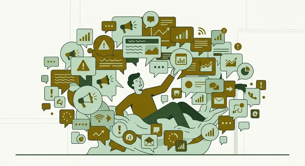 Ilustração flat design de pessoa afogada em balões de notícias e notificações, representando a infodemia