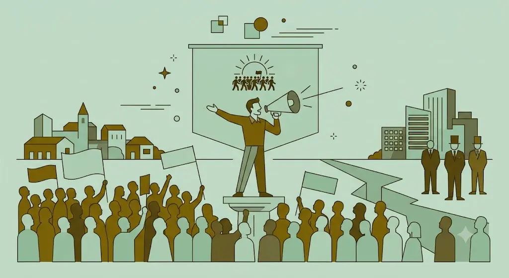 O que é populismo: ilustração de líder discursando para uma multidão, representando o conceito na Sociologia e na Ciência Política