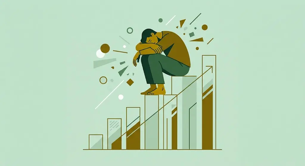Ilustração flat design de pessoa correndo em roda de hamster feita de relógios e telas, representando a sociedade do cansaço