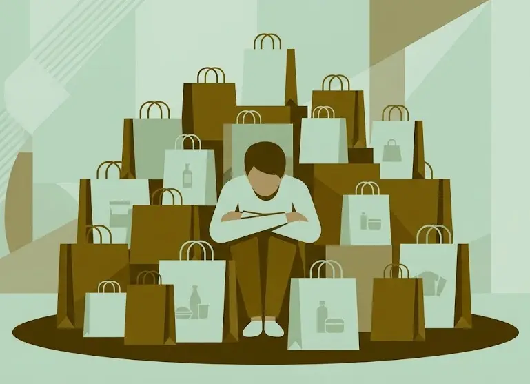 Sociedade do Consumo: Bauman, Veblen e 8 Características 2 Ilustração representando a sociedade do consumo com pessoa cercada por sacolas de compras