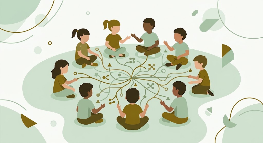 Ilustração flat design de crianças brincando em roda criando suas próprias regras, representando culturas infantis