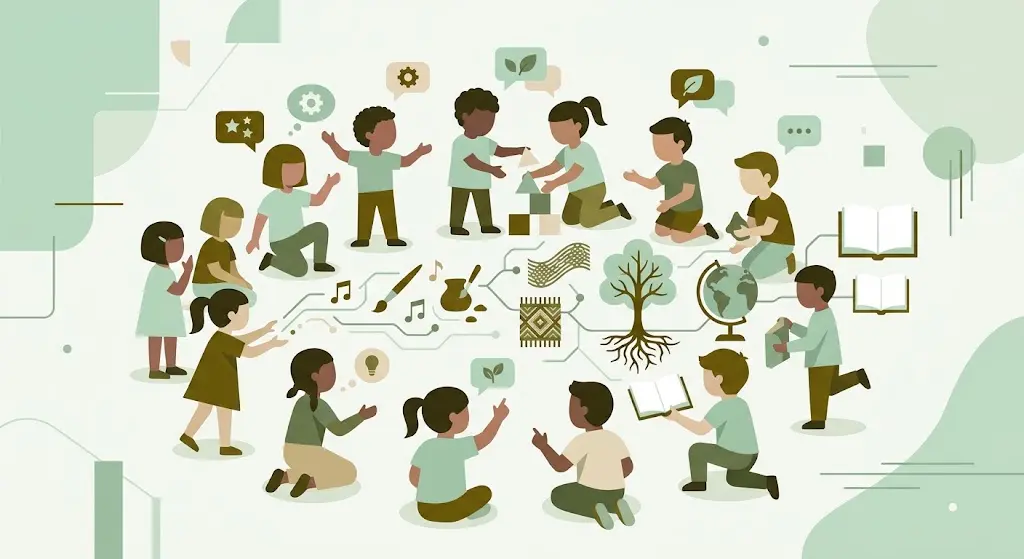 Sociologia da infância: crianças estilizadas em roda, representadas como atores sociais e produtoras de cultura