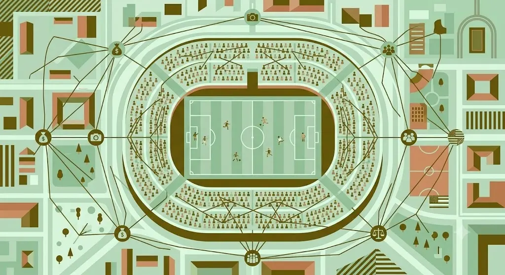 sociologia do esporte: estádio visto de cima com pessoas conectadas por linhas representando o esporte como fenômeno social
