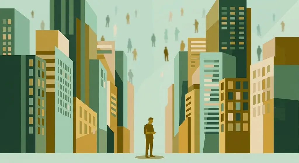 Ilustração flat design de pessoa pequena e isolada entre prédios altos e figuras humanas distantes, representando a solidão urbana