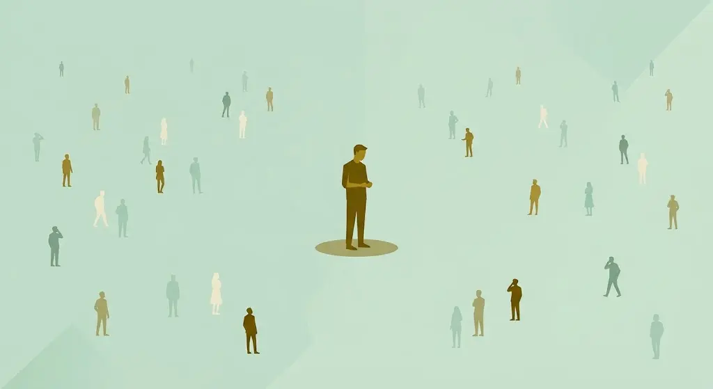 Solidão como fenômeno social: figura humana estilizada isolada em meio a uma multidão de silhuetas desconectadas