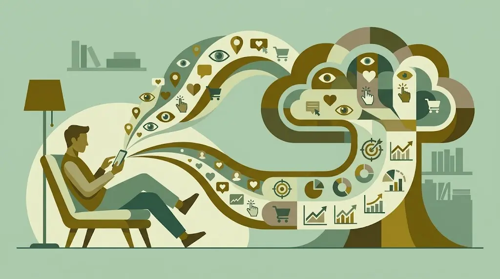 Capitalismo de vigilância: ilustração flat design de dados pessoais sendo extraídos de usuários por grandes empresas de tecnologia