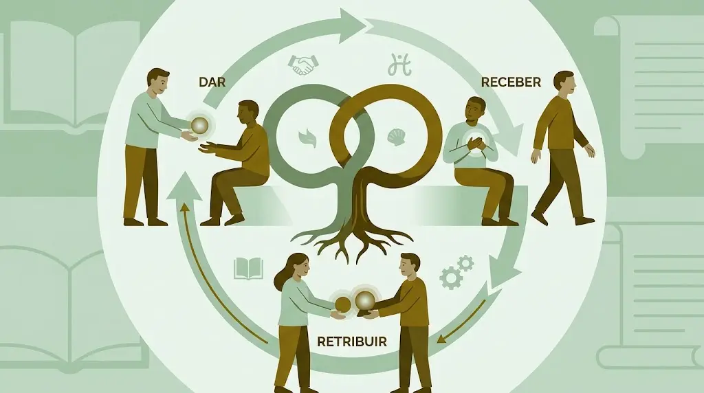 Dádiva de Marcel Mauss: ilustração flat design do ciclo de dar, receber e retribuir entre pessoas