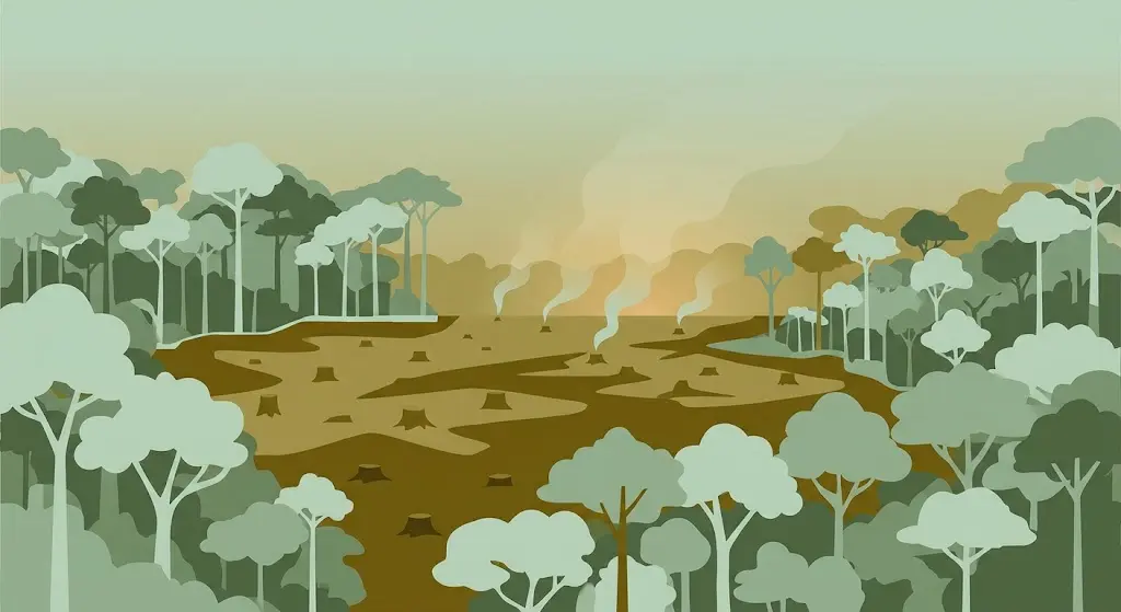 Desmatamento e mudanças climáticas: área desmatada na Amazônia com fumaça ao fundo e floresta ao redor