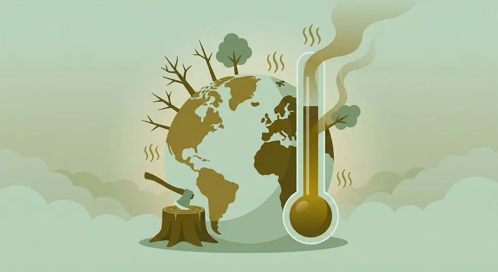 Ilustração flat design sobre desmatamento e mudanças climáticas: árvore cortada, termômetro e planeta Terra