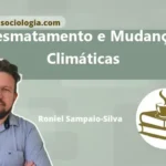 Ilustração conceitual sobre desmatamento e mudanças climáticas com floresta, indústria e balança desequilibrada