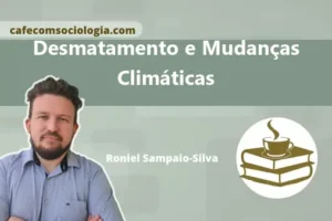 Ilustração conceitual sobre desmatamento e mudanças climáticas com floresta, indústria e balança desequilibrada