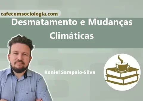 Ilustração conceitual sobre desmatamento e mudanças climáticas com floresta, indústria e balança desequilibrada