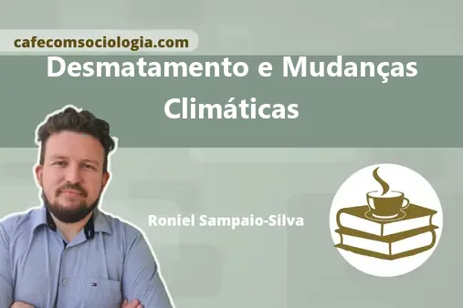 Ilustração conceitual sobre desmatamento e mudanças climáticas com floresta, indústria e balança desequilibrada