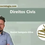 Ilustração conceitual de uma balança com um livro aberto e um grupo de pessoas, representando direitos civis e justiça.