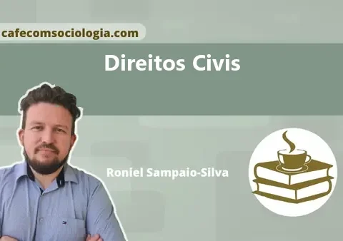 Ilustração conceitual de uma balança com um livro aberto e um grupo de pessoas, representando direitos civis e justiça.