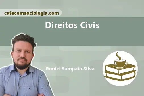 Ilustração conceitual de uma balança com um livro aberto e um grupo de pessoas, representando direitos civis e justiça.