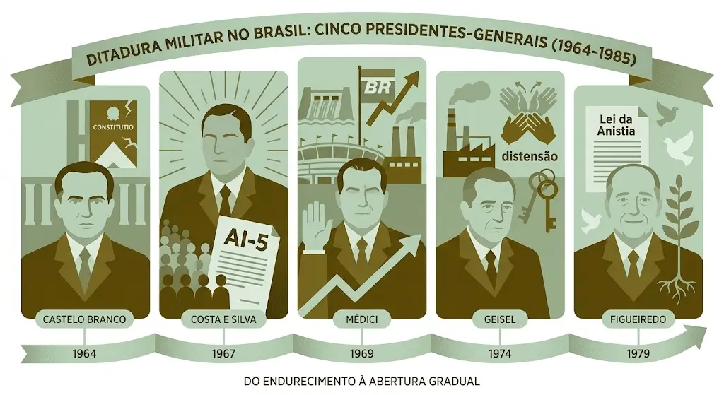 Linha do tempo com os cinco presidentes da ditadura militar no Brasil de 1964 a 1985