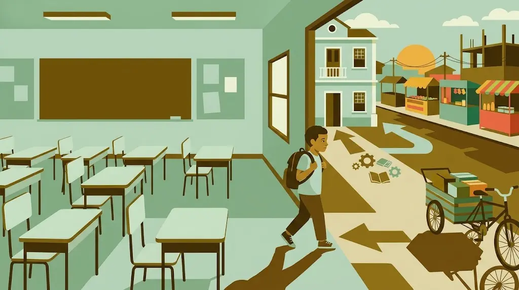 Evasão escolar: ilustração flat design de sala de aula com carteiras vazias representando alunos que deixaram a escola