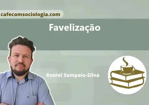 Ilustração conceitual de favelização: casas simples empilhadas em um morro, com a cidade formal ao fundo, representando segregação socioespacial.