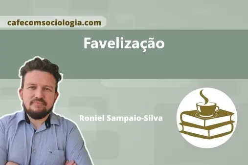 Ilustração conceitual de favelização: casas simples empilhadas em um morro, com a cidade formal ao fundo, representando segregação socioespacial.