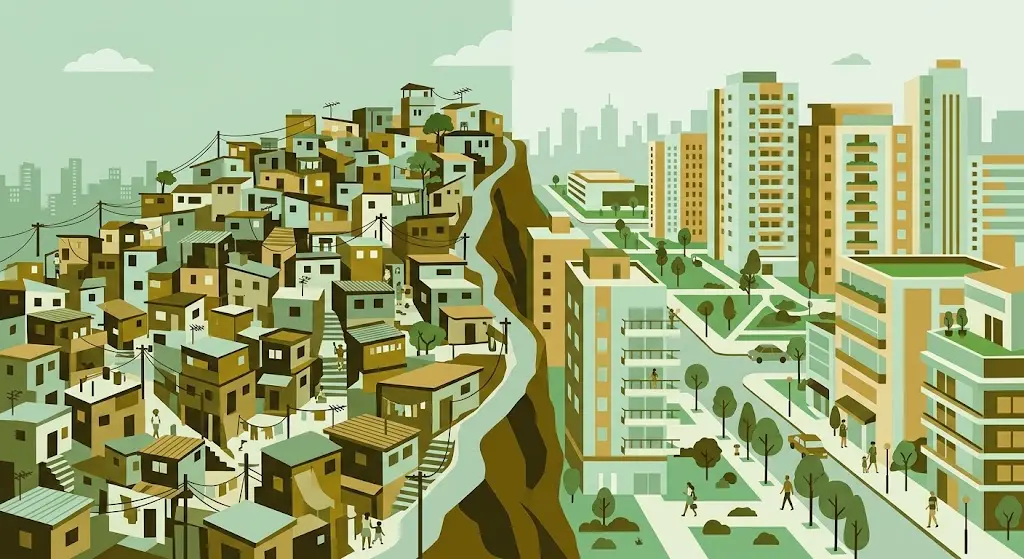 favelização no Brasil: mapa conceitual mostrando favela ao lado de bairro nobre em cidade brasileira