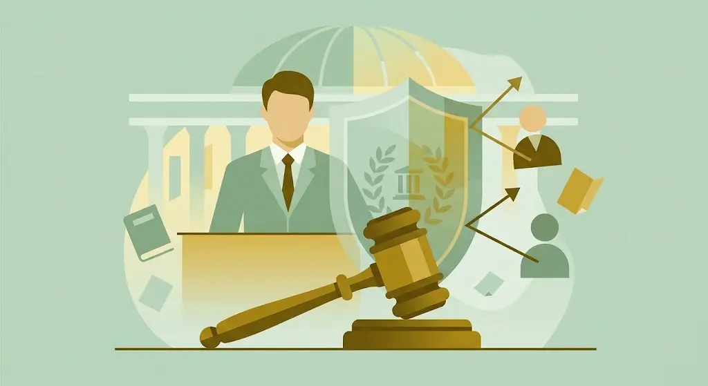 Imunidade parlamentar: ilustração flat design mostrando parlamentar, escudo e martelo de juiz representando as garantias do mandato legislativo