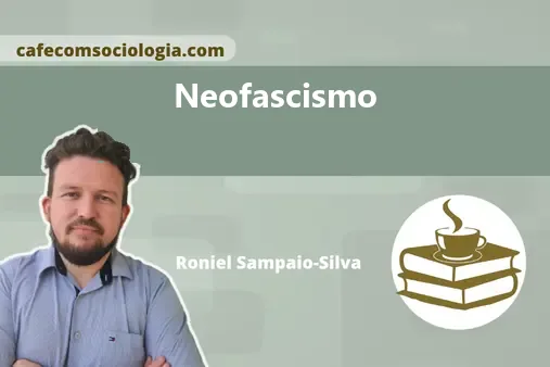 Ilustração conceitual de neofascismo: multidão diversa diante de uma figura autoritária sombria