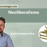 Ilustração conceitual representando a balança econômica do neoliberalismo, equilibrando corporações e serviços públicos.