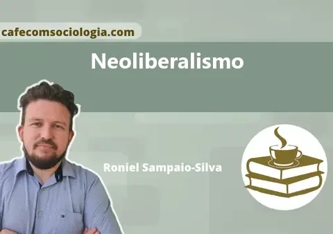 Ilustração conceitual representando a balança econômica do neoliberalismo, equilibrando corporações e serviços públicos.