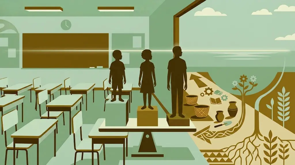 Ilustração flat design sobre o que é equidade: figuras humanas diversas recebendo suportes diferentes para alcançar a mesma altura