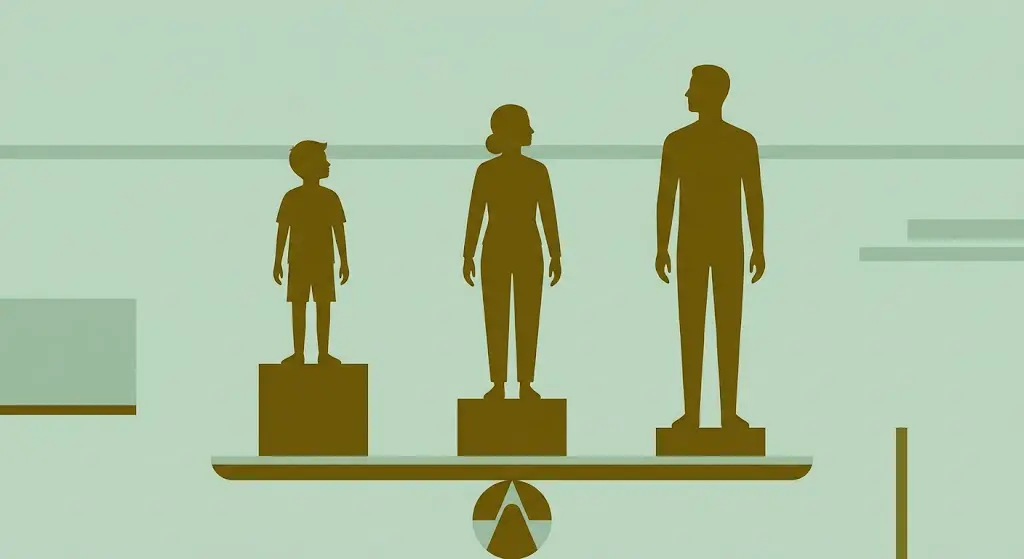 O que é equidade: balança de justiça com pessoas em diferentes alturas representando tratamento proporcional