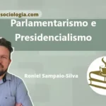 Ilustração conceitual sobre parlamentarismo e presidencialismo mostrando balanças e conexões institucionais.