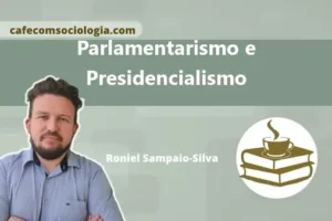 Ilustração conceitual sobre parlamentarismo e presidencialismo mostrando balanças e conexões institucionais.