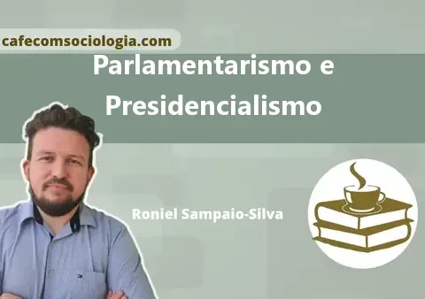 Ilustração conceitual sobre parlamentarismo e presidencialismo mostrando balanças e conexões institucionais.