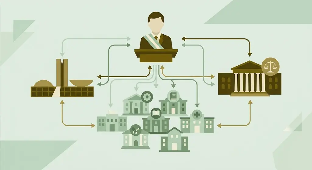 Poder Executivo: o que é, funções e limites no Brasil 2 Ilustração flat design da estrutura do poder executivo no Brasil com presidente, ministérios, governadores e prefeitos