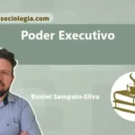 Ilustração conceitual do poder executivo com prédio de três colunas e figuras representando os poderes.