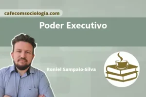 Ilustração conceitual do poder executivo com prédio de três colunas e figuras representando os poderes.