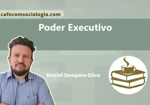 Ilustração conceitual do poder executivo com prédio de três colunas e figuras representando os poderes.